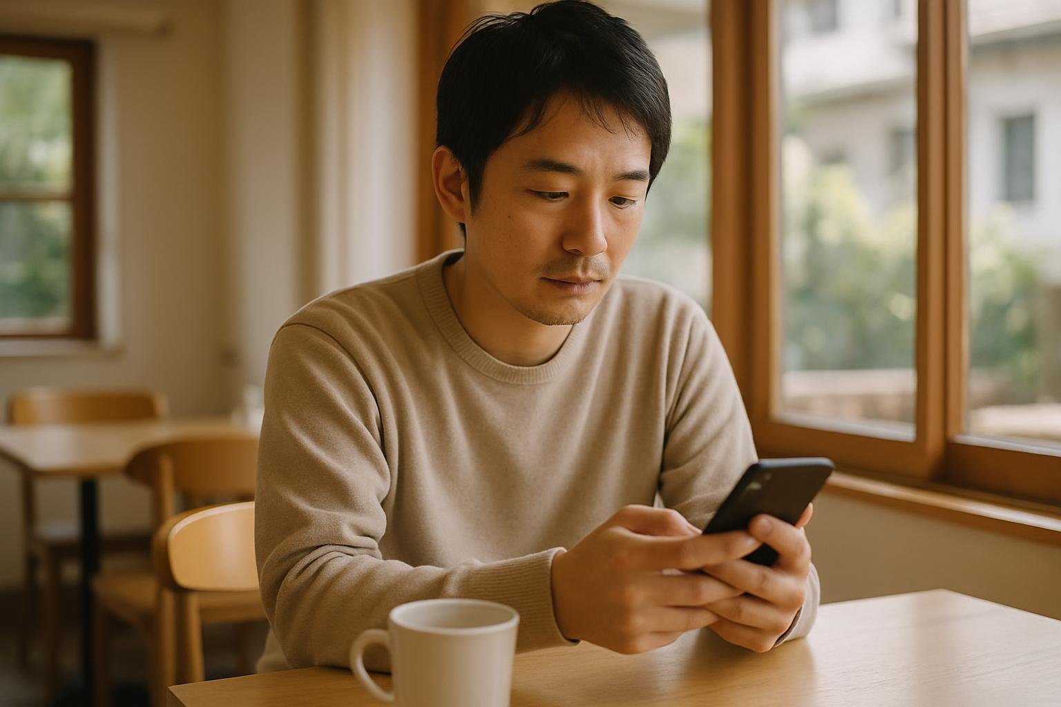 カフェで待ち合わせ前にスマホを確認する人物