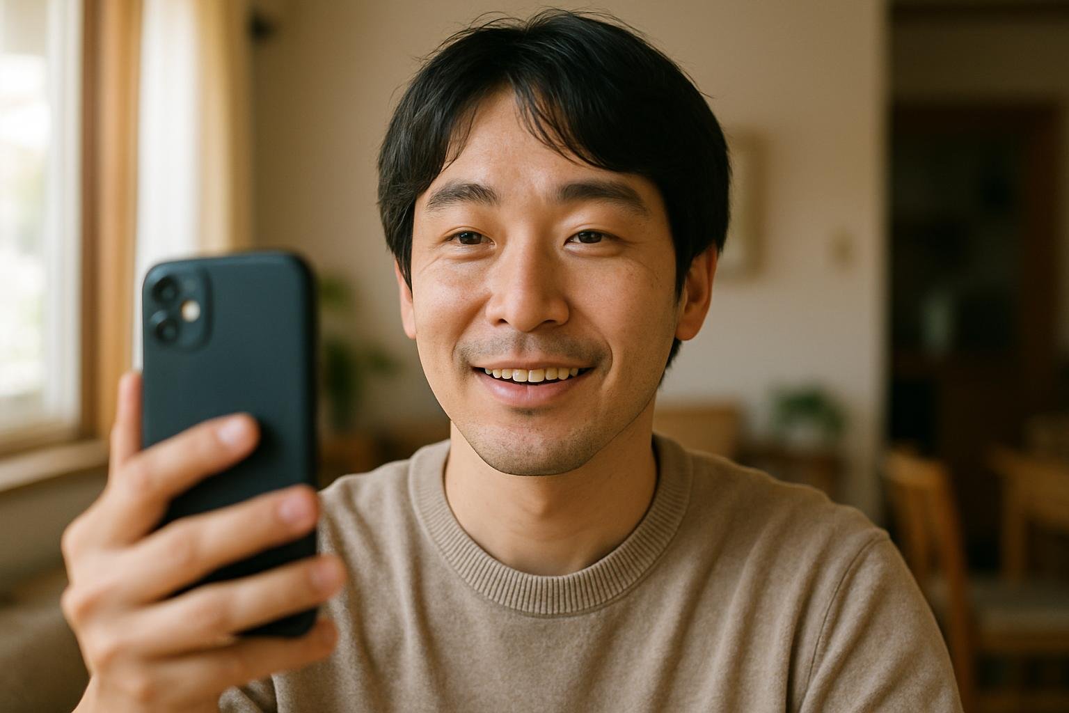 自宅でスマホを使って自分を撮影する人物