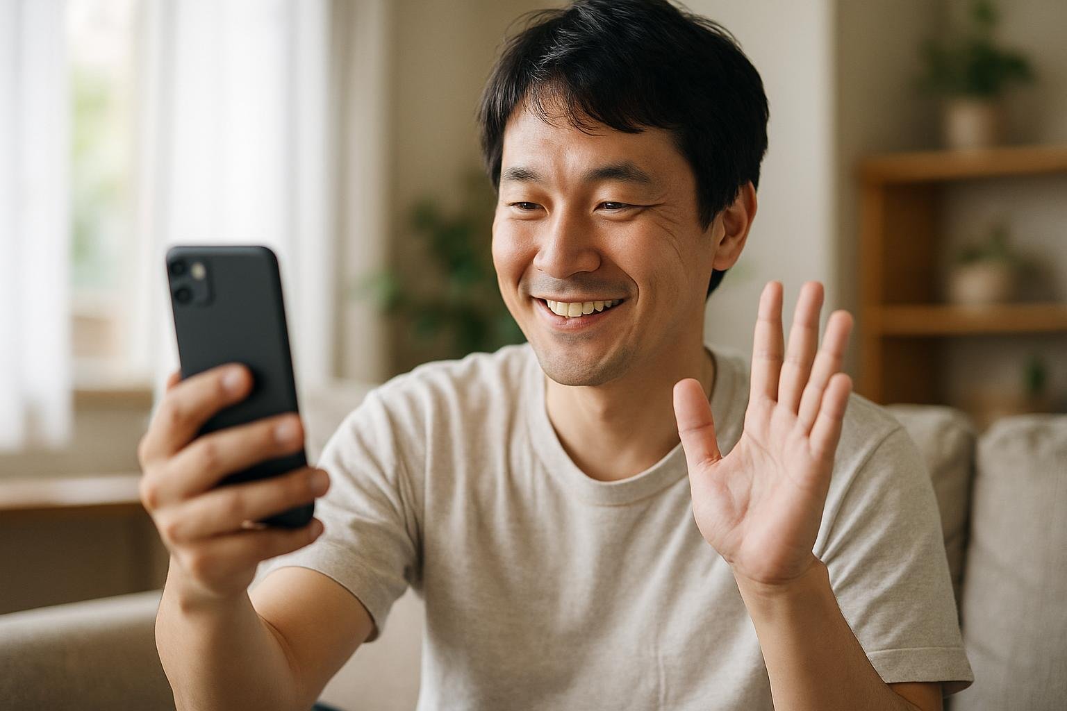 自宅のソファでスマホのビデオ通話をする人物