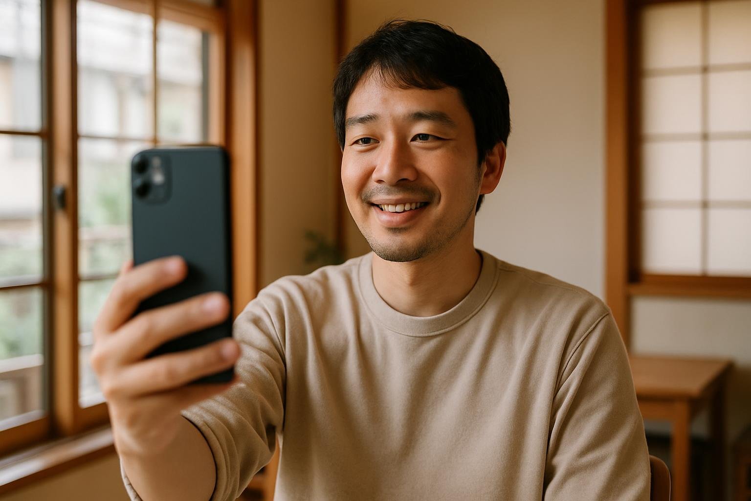 自宅でスマホを自分に向けて動画を撮影する人物