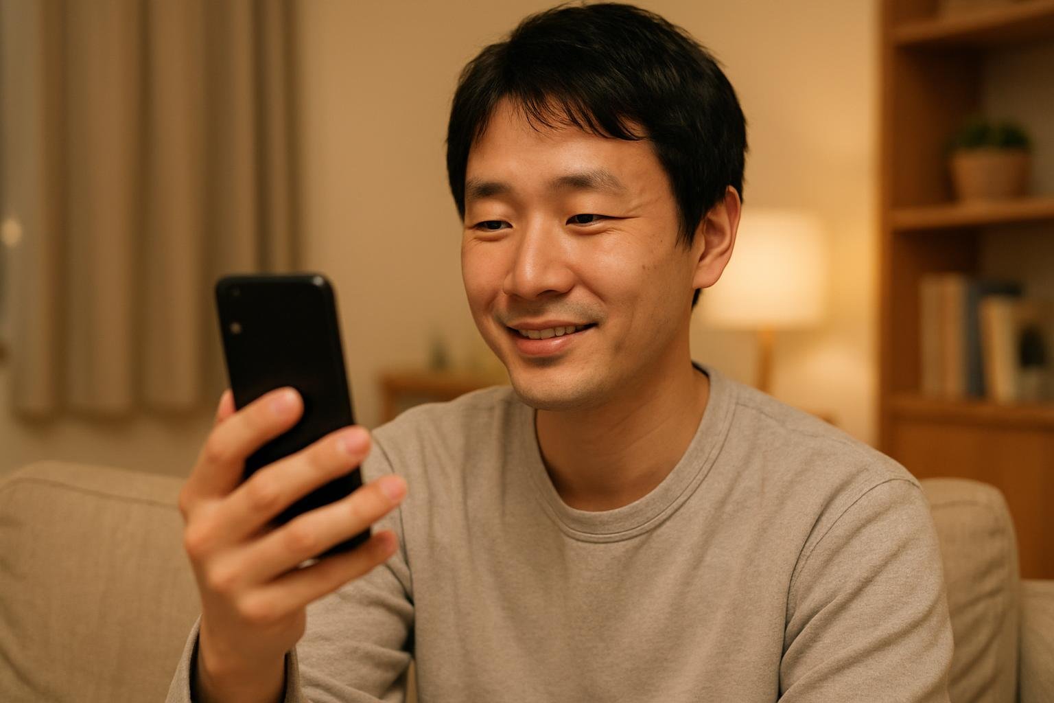 夜、自宅のソファでスマホのビデオ通話をする人物
